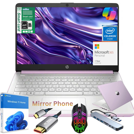 HP 14" N150 Laptop, Intel Quad-Core, 4GB RAM, 192GB Storage (128GB eMMC+64GB SD), Windows 11 Home Copilot & 1 Year MS Office 365, Ultra Thin Lightweight Purple Notebook for Work and School