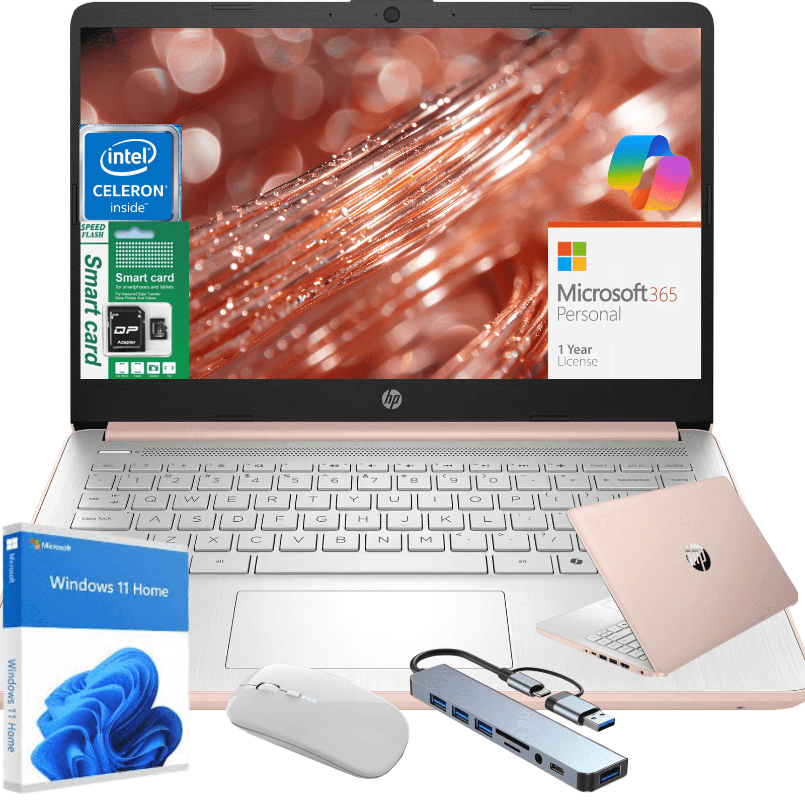 HP 14" N150 Laptop, Intel Quad-Core, 4GB RAM, 128GB eMMC, Windows 11 Home Copilot & 1 Year MS Office 365, Ultra Thin Lightweight Pink Notebook for Work and School