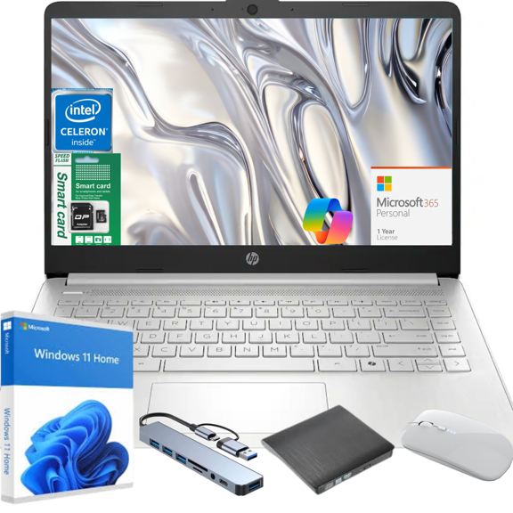 HP 14" N150 Laptop, Intel Quad-Core, 4GB RAM, 192GB Storage (128GB eMMC+64GB SD), Windows 11 Home Copilot & 1 Year MS Office 365, Ultra Thin Lightweight Silver Notebook for Work and School