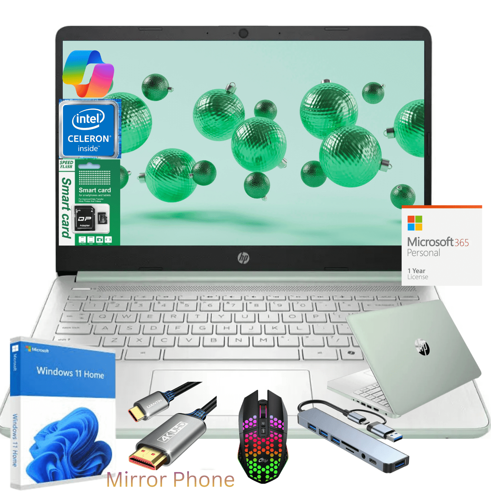 HP 14" N150 Laptop, Intel Quad-Core, 4GB RAM, 192GB Storage (128GB eMMC + 64GB SD), Windows 11 Home Copilot & 1 Year Microsoft Office 365, Ultra Thin Lightweight Green Notebook for Work and School