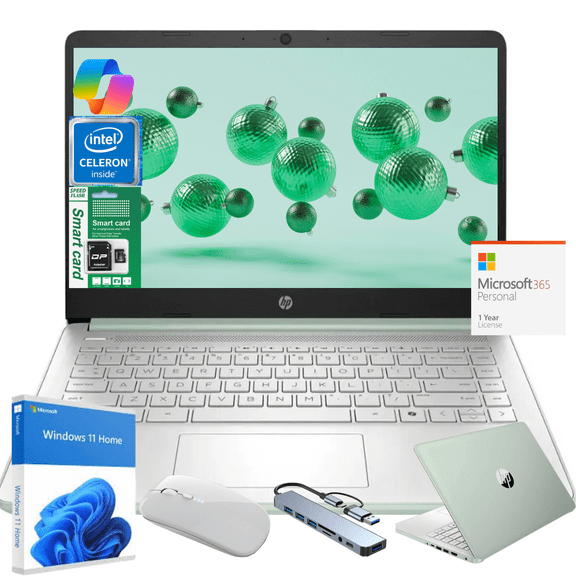 HP 14" N150 Laptop, Intel Quad-Core, 4GB RAM, 192GB Storage (128GB eMMC + 64GB SD), Windows 11 Home Copilot & 1 Year Microsoft Office 365, Ultra Thin Lightweight Green Notebook for Work and School