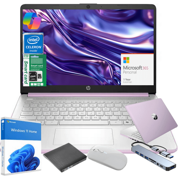 HP 14" N150 Laptop, Intel Quad-Core, 4GB RAM, 256GB Storage (128GB eMMC+128GB SD), Windows 11 Home Copilot & 1 Year MS Office 365, Ultra Thin Lightweight Purple Notebook for Work and School