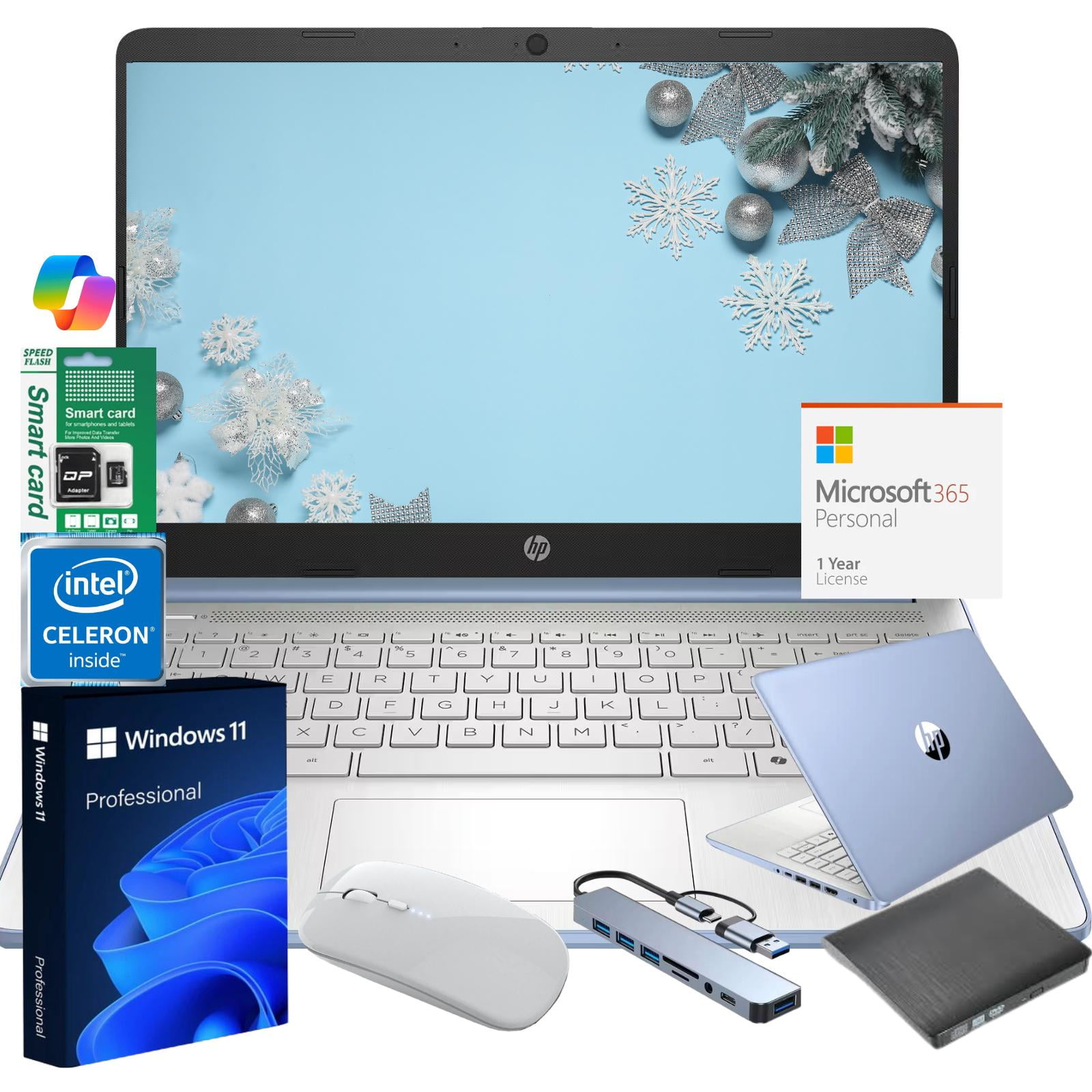 HP 14" N150 Laptop, Intel Quad-Core, 4GB RAM, 256GB Storage (128GB eMMC + 128GB SD), Windows 11 Pro Copilot & 1 Year Microsoft Office 365, Ultra Thin Lightweight Blue Notebook for Work and School