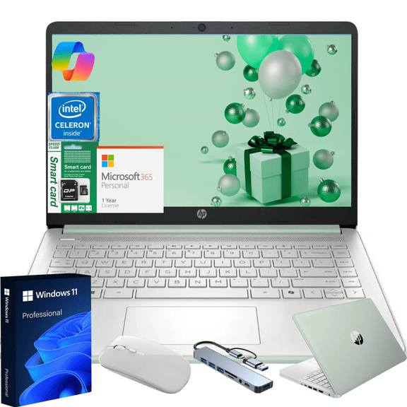 HP 14" N150 Laptop, Intel Quad-Core, 4GB RAM, 256GB Storage (128GB eMMC + 128GB SD), Windows 11 Pro Copilot & 1 Year Microsoft Office 365, Ultra Thin Lightweight Green Notebook for Work and School