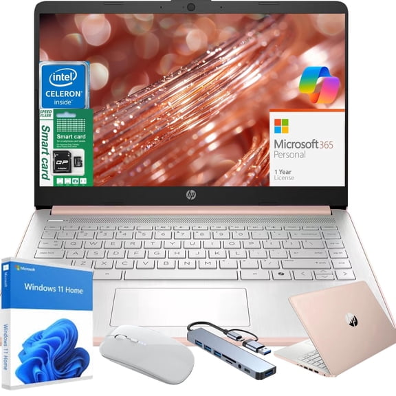 HP 14" N150 Laptop, Intel Quad-Core, 4GB RAM, 384GB Storage (128GB eMMC+256GB SD), Windows 11 Home Copilot & 1 Year MS Office 365, Ultra Thin Lightweight Pink Notebook for Work and School