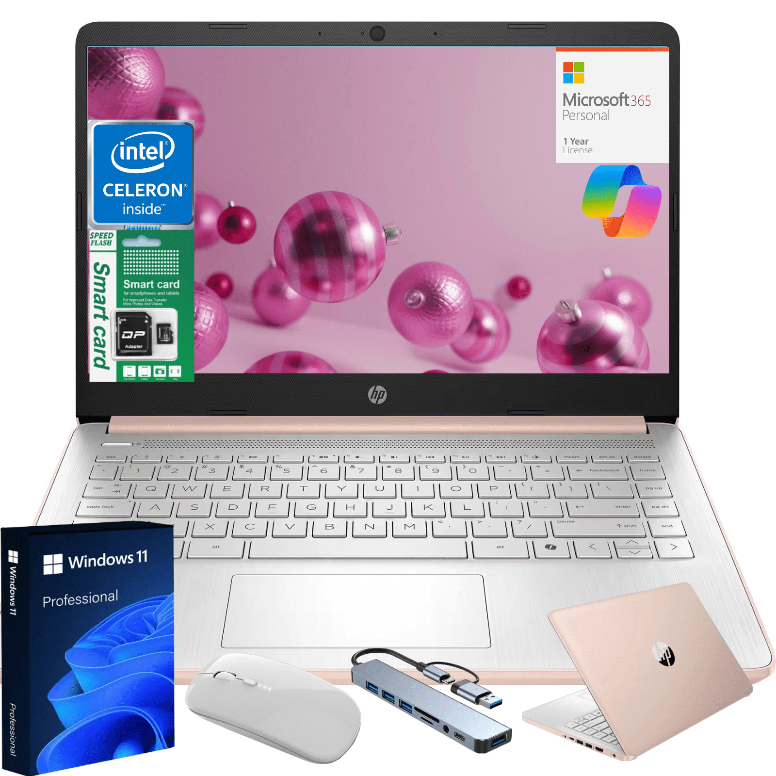 HP 14" N150 Laptop, Intel Quad-Core, 4GB RAM, 384GB Storage (128GB eMMC + 256GB SD), Windows 11 Pro Copilot & 1 Year Microsoft Office 365, Ultra Thin Lightweight Gold Notebook for Work and School