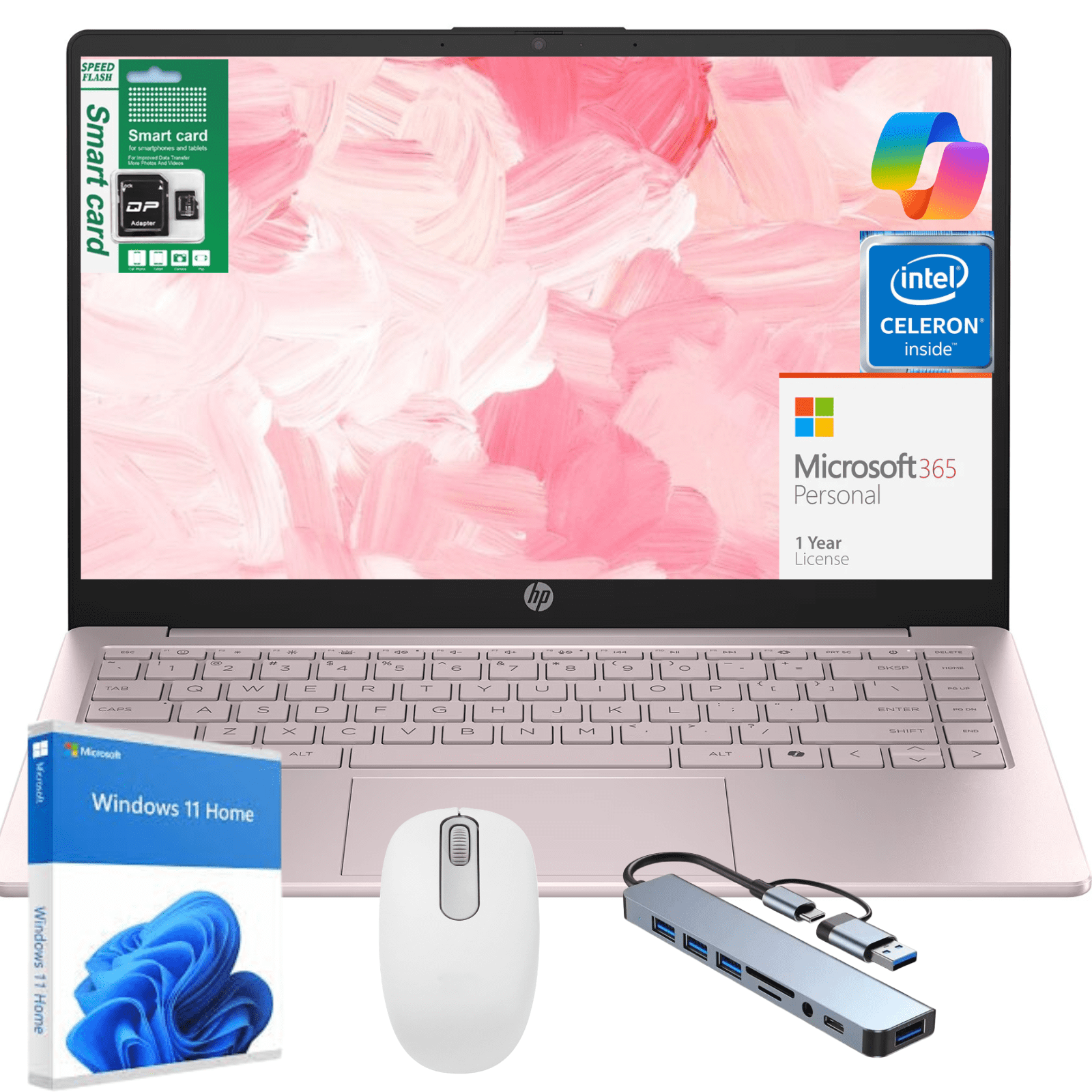 HP 14" N150 Laptop, Intel Quad-Core, 8GB RAM, 256GB Storage (128GB eMMC+128GB SD), Windows 11 Home Copilot & 1 Year MS Office 365, Ultra Thin Lightweight Pink Notebook for Work and School