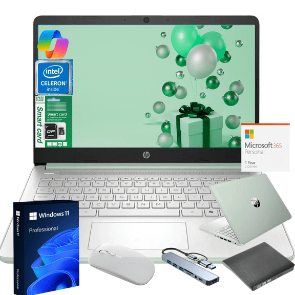 HP 14" N150 Laptop, Intel Quad-Core, 8GB RAM, 256GB Storage (128GB eMMC + 128GB SD), Windows 11 Pro Copilot & 1 Year Microsoft Office 365, Ultra Thin Lightweight Green Notebook for Work and School