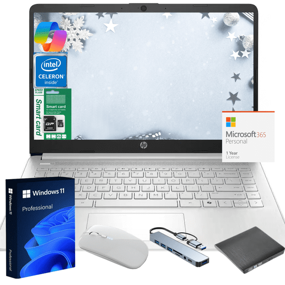 HP 14" N150 Laptop, Intel Quad-Core, 8GB RAM, 384GB Storage (128GB eMMC + 256GB SD), Windows 11 Pro Copilot & 1 Year Microsoft Office 365, Ultra Thin Lightweight Silver Notebook for Work and School