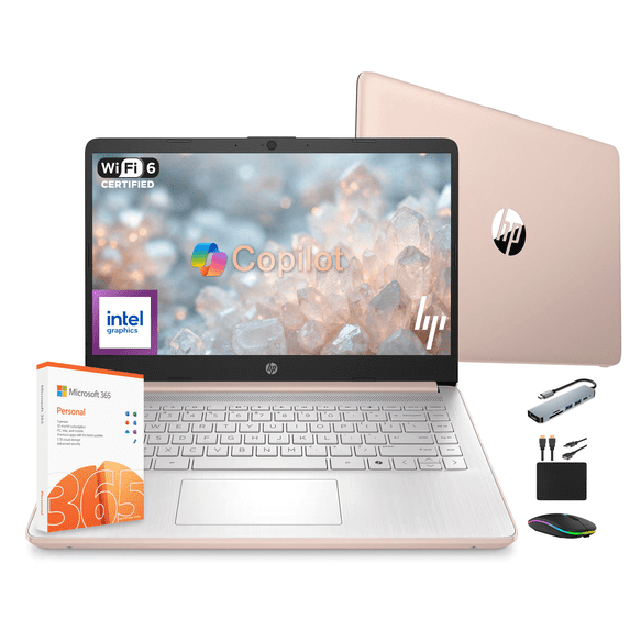 HP 14" Performance Laptop for Business and Student, 1 Year MS Office 365, Quad-Core Intel CPU (Up to 3.6GHz), 16GB RAM, 628GB Storage (128GB UFS+500GB Ext), Win 11, MarxsolBundle, Wi-Fi 6, Rose Gold