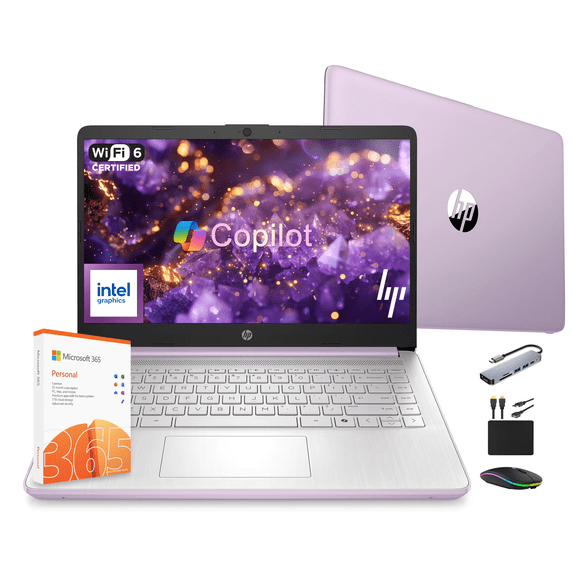 HP 14" Performance Laptop for Business and Student, 1 Year MS Office 365, Quad-Core Intel CPU (Up to 3.6GHz), 16GB RAM, 628GB Storage (128GB UFS+500GB Ext), Win 11, MarxsolBundle, Wi-Fi 6, Lavender