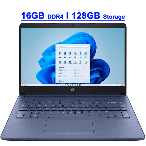 HP 14 Premium Lightweight Student & Business Laptop 14" HD Intel 4-core Celeron N4120 16GB DDR4 128GB Storage (64GB eMMC + 64GB SD Card) USB-C Long-Lasting Battery Office365(1-Yr) Win11
