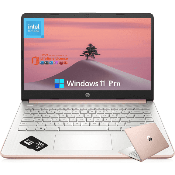 HP 14" Student Business Laptop, 14" HD Anti-glare Display, Intel Quad Core N150(Up to 3.6GHz), 16GB RAM | 384GB Storage(128GB UFS+256GB SD Card), Windows 11 Pro, Office Pro Lifetime, Rose Gold