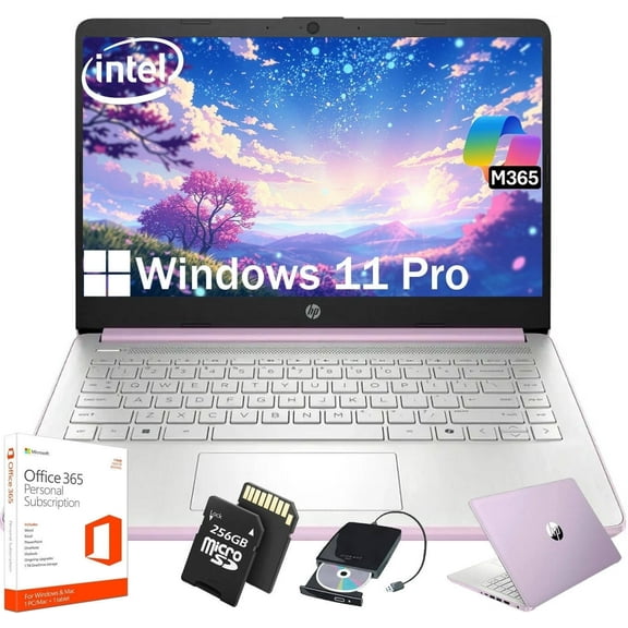 HP 14" Student Business Laptop Computer - 1-Year Microsoft Office 365 & Windows 11 Pro • 16GB RAM • 128GB UFS & 256GB Extend Micro SD • Intel 4-Core Processor • HD Display (Honey Lavender)