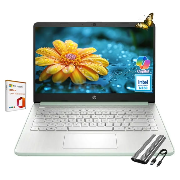 HP 14” Students Business Laptop, Intel N150(Beats N4120), 16GB RAM, 640GB Storage(128GB UFS+512GB Portable SSD), Win 11, 1 Year MS office 365, Copilot AI