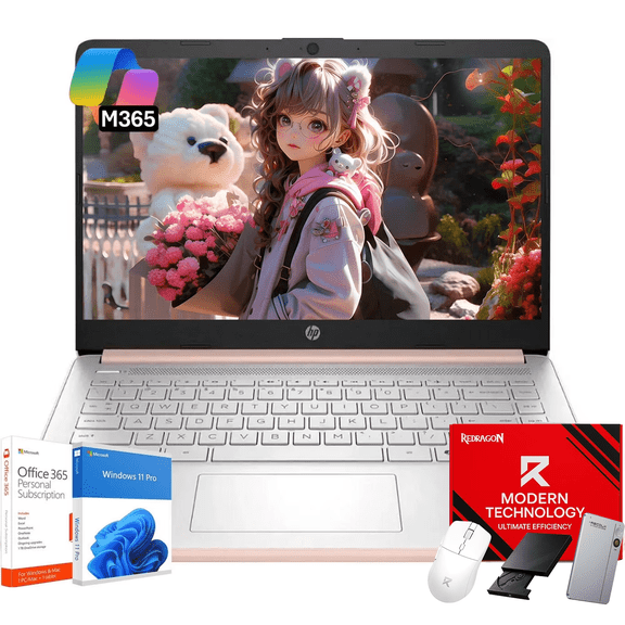 HP 14" Thin&Light Laptop Computer - Intel Quad-core CPU • 16GB RAM, 128GB UFS + 256GB Micro SD Card • Windows 11 Pro & 1-Year Microsoft Office 365 • Wi-Fi 6 • Copilot • Pale Rose Gold