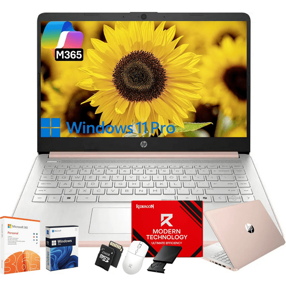 HP 14" Thin&Light Laptop Computer - Intel Quad-core CPU 16GB RAM, 128GB UFS + 256GB Micro SD Card Windows 11 Pro & 1-Year Microsoft Office 365 Wi-Fi 6 Copilot Pale Rose Gold