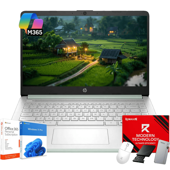 HP 14" Thin&Light Laptop Computer - Intel Quad-core CPU • 16GB RAM, 128GB UFS + 256GB Micro SD Card • Windows 11 Pro & 1-Year Microsoft Office 365 • Wi-Fi 6 • Copilot • Willow Green