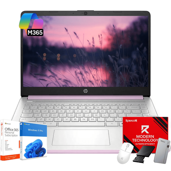 HP 14" Thin&Light Laptop Computer - Intel Quad-core CPU • 16GB RAM, 128GB UFS + 256GB Micro SD Card • Windows 11 Pro & 1-Year Microsoft Office 365 • Wi-Fi 6 • Copilot • Honey Lavender
