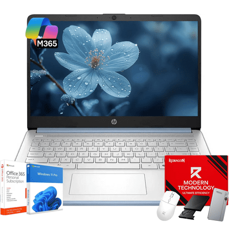 HP 14" Thin&Light Laptop Computer - Intel Quad-core CPU • 16GB RAM, 128GB UFS + 256GB Micro SD Card • Windows 11 Pro & 1-Year Microsoft Office 365 • Wi-Fi 6 • Copilot • Sky Blue