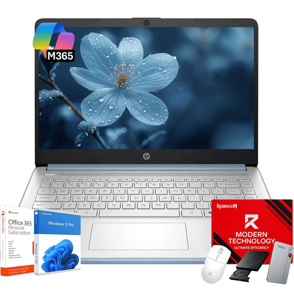 HP 14" Thin&Light Laptop Computer - Intel Quad-core CPU • 8GB RAM, 128GB UFS + 256GB Micro SD Card • Windows 11 Pro & 1-Year Microsoft Office 365 • Wi-Fi 6 • Copilot • Sky Blue