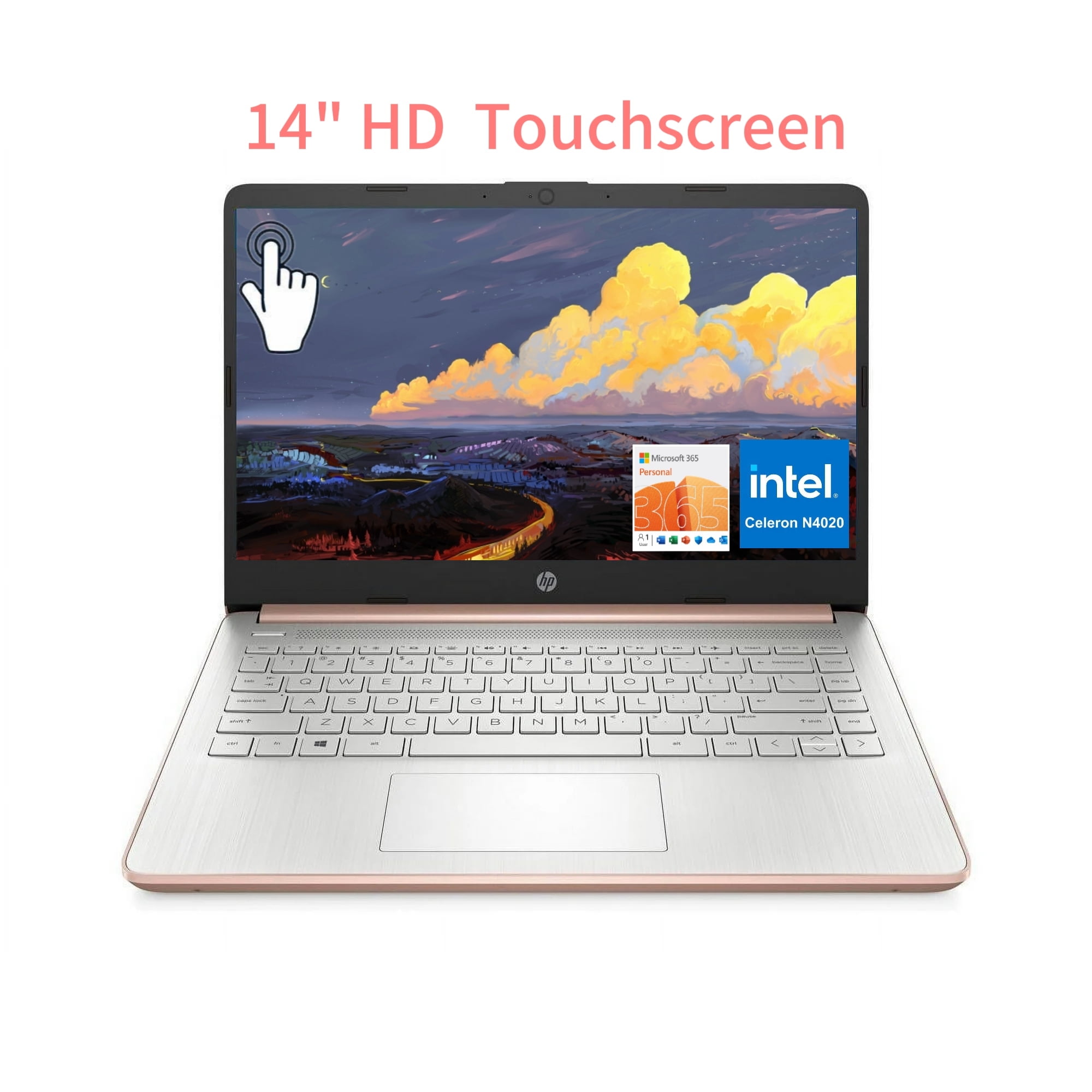 HP 14 Business Laptop, 14 Inch HD Touchscreen Display, Intel Celeron N4020, 4GB RAM,64GB eMMC, Windows 11, HDMI, Webcam,,1 Year Office 365,Pale Rose Gold