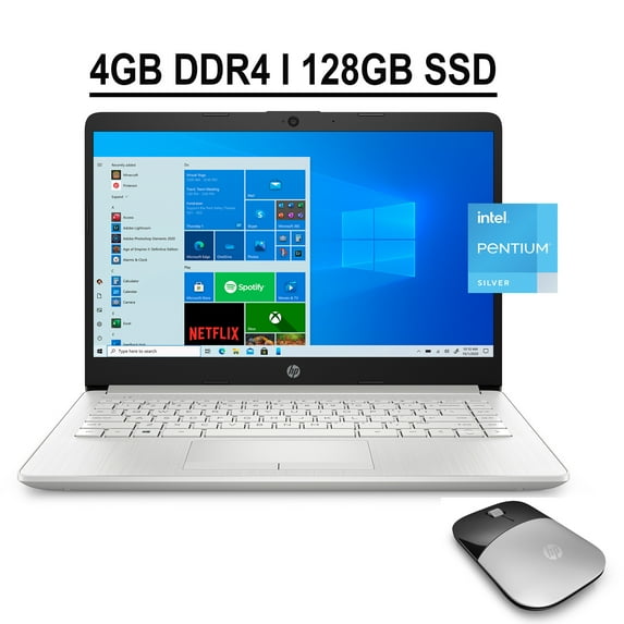 HP 14 Business Laptop 14" HD Display Intel Quad-Core Pentium Silver N5030 4GB DDR4 128GB SSD Intel UHD Graphics 605 Office 365 HDMI USB-C WiFi Webcam HP Wireless Mouse Win10 Silver