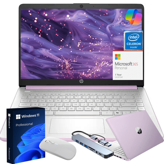 HP 14" Ultra Thin 2026 Laptop with Copilot, Intel Quad-Core N150, 16GB RAM, 128GB eMMC, Windows 11 Pro,1 Year Office 365, Lightweight Lavender Notebook for Work and School