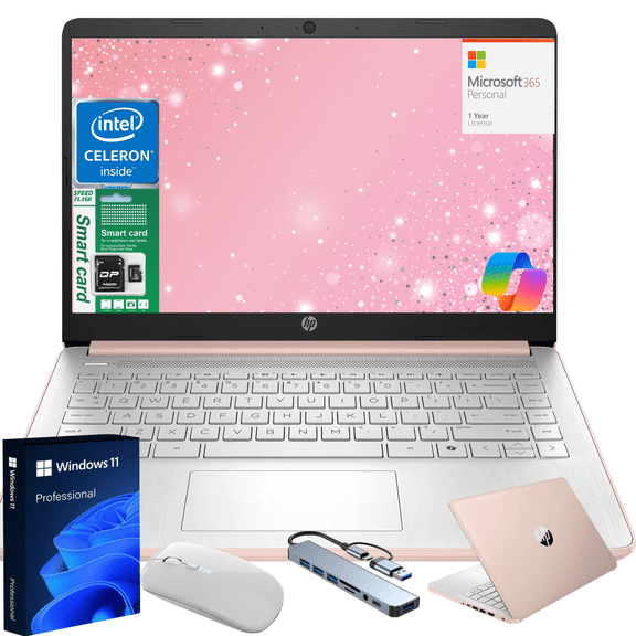 HP 14" Ultra Thin 2026 Laptop with Copilot, Intel Quad-Core N150, 16GB RAM, 192GB(128GB eMMC+64GB SD Card), Windows 11 Pro,1 Year Office 365, Lightweight Rose Gold Notebook for Work and School