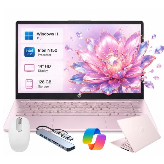 HP 14" Ultra Thin 2026 Laptop with Copilot, Intel Quad-Core N150, 16GB RAM, 192GB(128GB eMMC+64GB SD Card), Windows 11 Pro,1 Year Office 365, Lightweight Rose Gold Notebook for Work and School