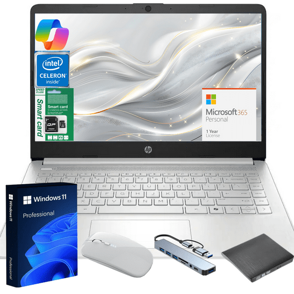 HP 14" Ultra Thin 2026 Laptop with Copilot, Intel Quad-Core N150, 16GB RAM, 192GB(128GB eMMC+64GB SD Card), Windows 11 Pro,1 Year Office 365, Lightweight Silver Notebook for Work and School