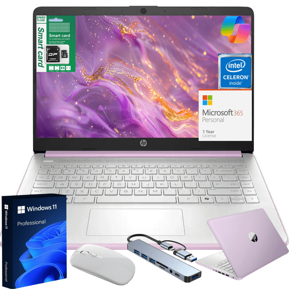 HP 14" Ultra Thin 2026 Laptop with Copilot, Intel Quad-Core N150, 16GB RAM, 256GB(128GB eMMC+128GB SD Card), Windows 11 Pro,1 Year Office 365, Lightweight Lavender Notebook for Work and School
