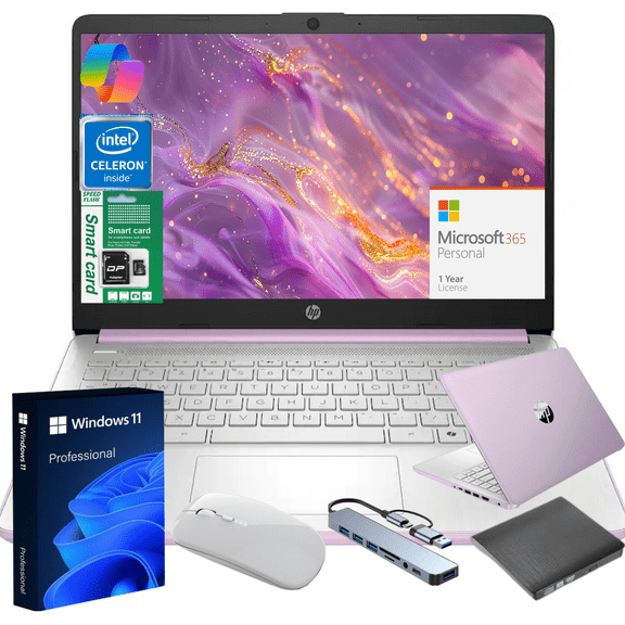 HP 14" Ultra Thin 2026 Laptop with Copilot, Intel Quad-Core N150, 16GB RAM, 256GB(128GB eMMC+128GB SD Card), Windows 11 Pro,1 Year Office 365, Lightweight Lavender Notebook for Work and School