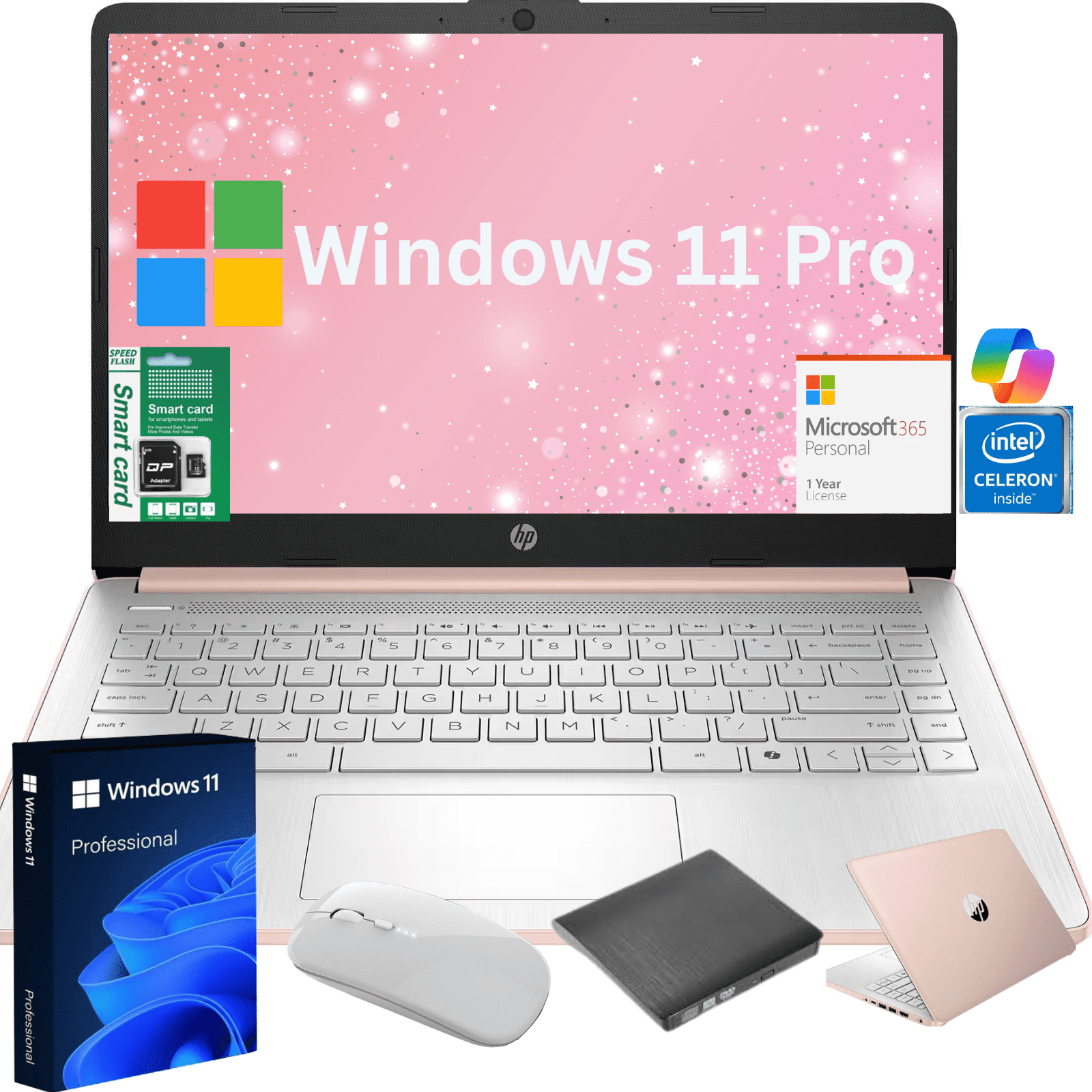 HP 14" Ultra Thin 2026 Laptop with Copilot, Intel Quad-Core N150, 16GB RAM, 256GB(128GB eMMC+128GB SD Card), Windows 11 Pro,1 Year Office 365, Lightweight Rose Gold Notebook for Work and School