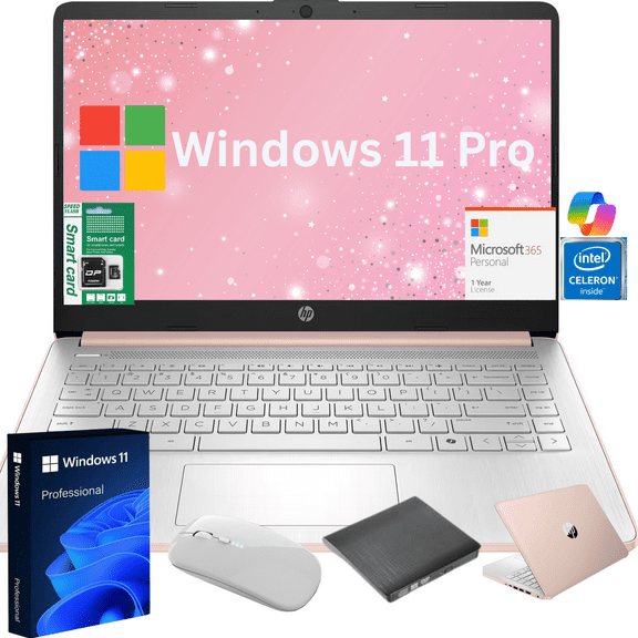 HP 14" Ultra Thin 2026 Laptop with Copilot, Intel Quad-Core N150, 16GB RAM, 256GB(128GB eMMC+128GB SD Card), Windows 11 Pro,1 Year Office 365, Lightweight Rose Gold Notebook for Work and School