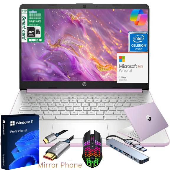 HP 14" Ultra Thin 2026 Laptop with Copilot, Intel Quad-Core N150, 16GB RAM, 384GB(128GB eMMC+256GB SD Card), Windows 11 Pro,1 Year Office 365, Lightweight Lavender Notebook for Work and School