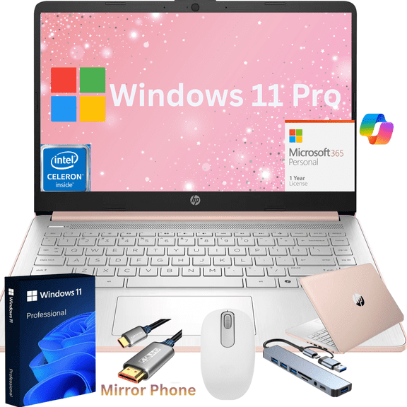 HP 14" Ultra Thin 2026 Laptop with Copilot, Intel Quad-Core N150, 16GB RAM, 384GB(128GB eMMC+256GB SD Card), Windows 11 Pro,1 Year Office 365, Lightweight Rose Gold with HUB & Mouse Accessories