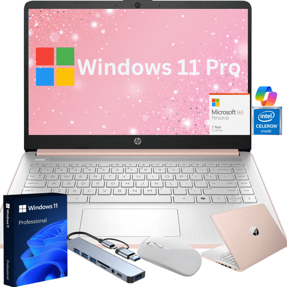 HP 14" Ultra Thin 2026 Laptop with Copilot, Intel Quad-Core N150, 4GB RAM, 128GB eMMC, Windows 11 Pro,1 Year Office 365, Lightweight Rose Gold Notebook for Work and School