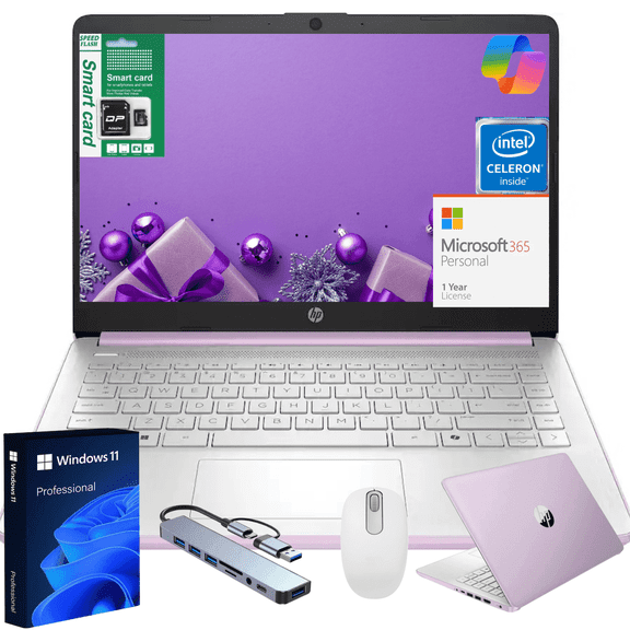 HP 14" Ultra Thin 2026 Laptop with Copilot, Intel Quad-Core N150, 4GB RAM, 192GB(128GB eMMC+64GB SD Card), Windows 11 Pro,1 Year Office 365, Lightweight Lavender Notebook for Work and School