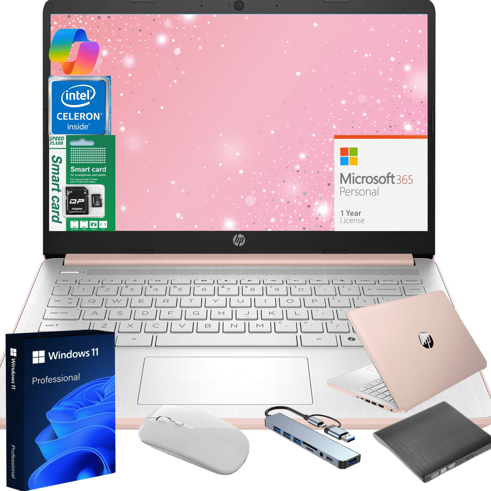 HP 14" Ultra Thin 2026 Laptop with Copilot, Intel Quad-Core N150, 4GB RAM, 256GB(128GB eMMC+128GB SD Card), Windows 11 Pro,1 Year Office 365, Lightweight Rose Gold Notebook for Work and School