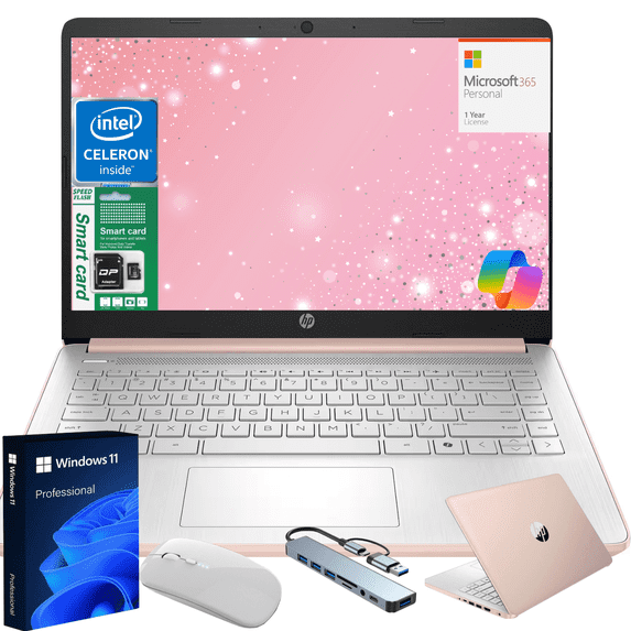 HP 14" Ultra Thin 2026 Laptop with Copilot, Intel Quad-Core N150, 8GB RAM, 384GB(128GB eMMC+256GB SD Card), Windows 11 Pro,1 Year Office 365, Lightweight Rose Gold Notebook for Work and School