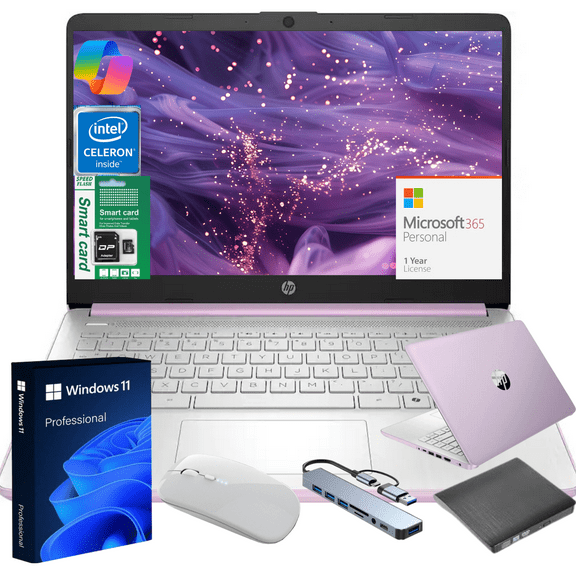 HP 14" Ultra Thin Laptop, Intel Quad-Core N150, 16GB RAM, 192GB (128GB eMMC+64GBSD Card), Windows 11 Pro, 1 Year Microsoft Office 365, Lightweight Notebook for Work or School, Gift Set(Lavender)