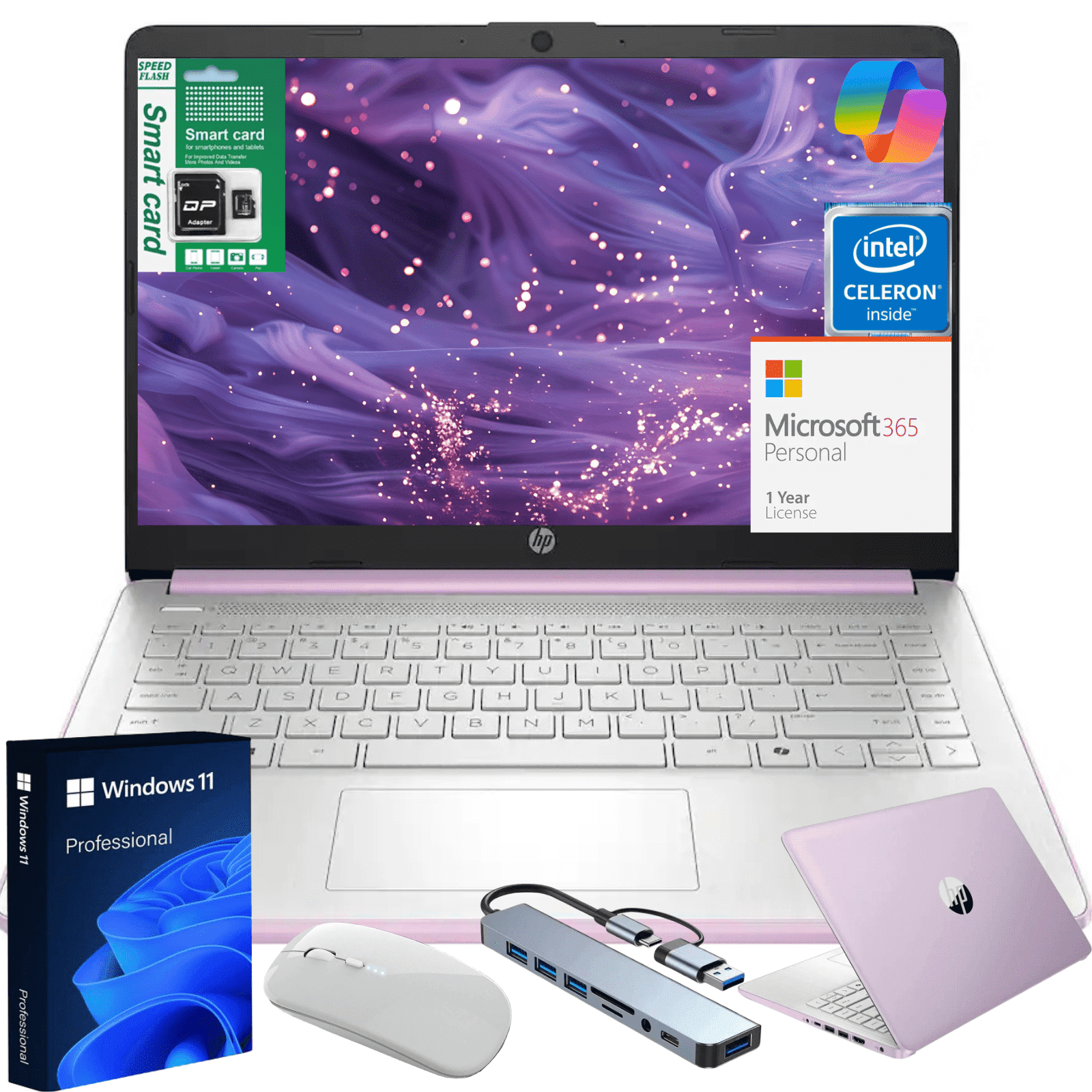 HP 14" Ultra Thin Laptop, Intel Quad-Core N150, 16GB RAM, 192GB (128GB eMMC+64GBSD Card), Windows 11 Pro, 1 Year Microsoft Office 365, Lightweight Notebook for Work or School, Gift Set(Lavender)
