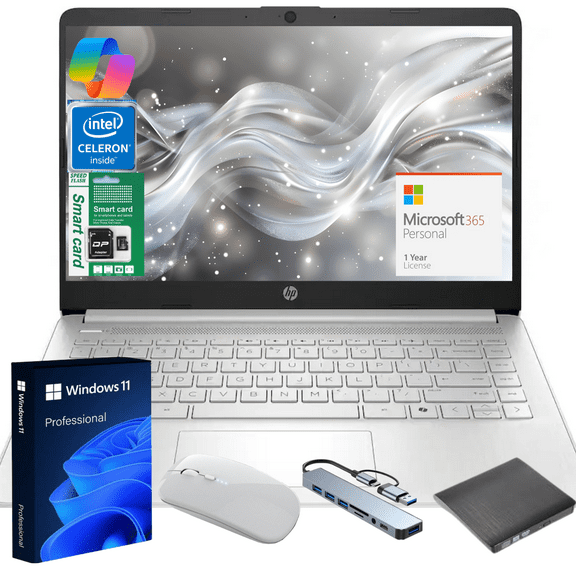 HP 14" Ultra Thin Laptop, Intel Quad-Core N150, 16GB RAM, 384GB (128GB eMMC+256GB SD Card), Windows 11 Pro, 1 Year Microsoft Office 365, Lightweight Notebook for Work or School, Gift Set(Silver)