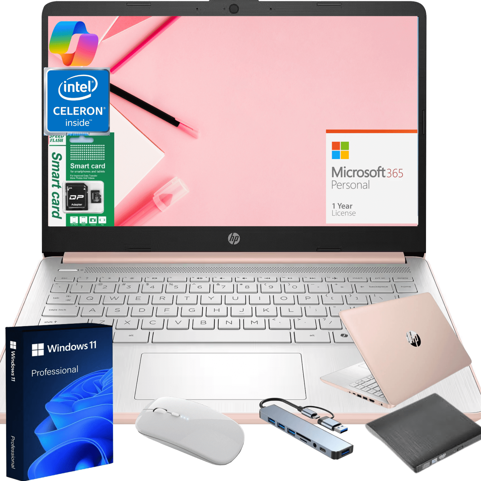 HP 14" Ultra Thin Laptop, Intel Quad-Core N150, 4GB RAM, 192GB (128GB eMMC+64GBSD Card), Windows 11 Pro, 1 Year Microsoft Office 365, Lightweight Notebook for Work or School, Gift Set(Rose Gold)