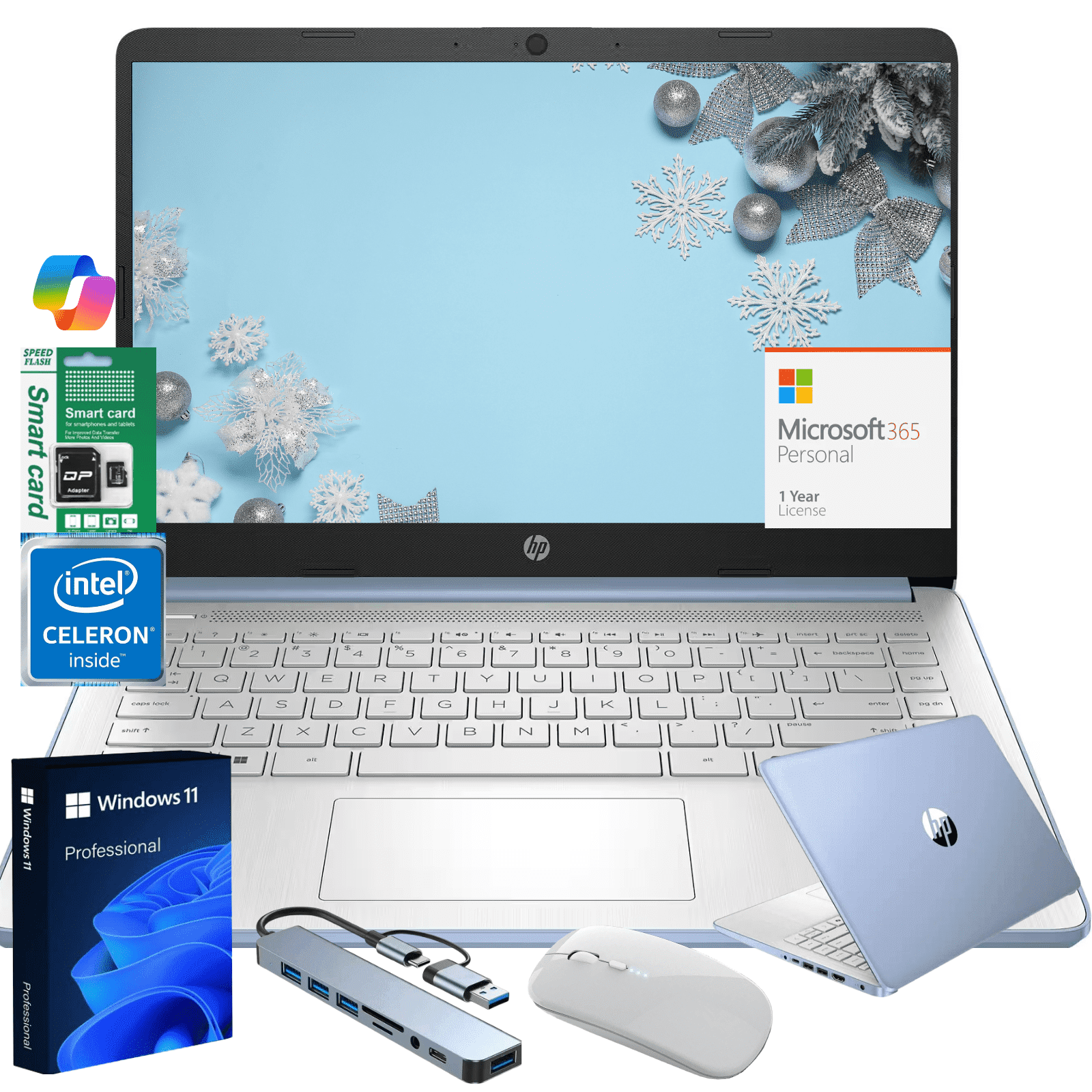 HP 14" Ultra Thin Laptop, Intel Quad-Core N150, 4GB RAM, 192GB (128GB eMMC+64GBSD Card), Windows 11 Pro, 1 Year Microsoft Office 365, Lightweight Notebook for Work or School, Gift Set(Blue)