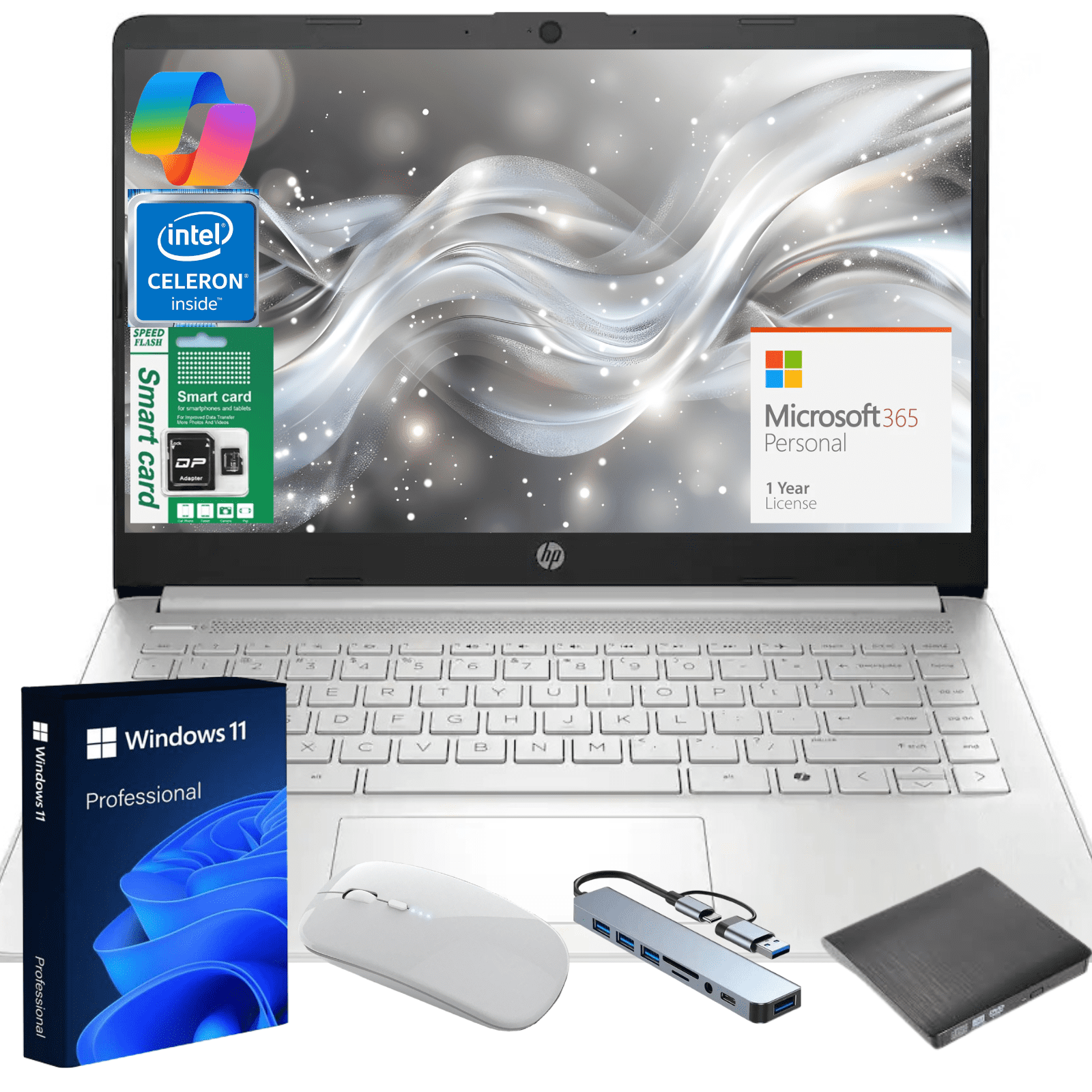 HP 14" Ultra Thin Laptop, Intel Quad-Core N150, 8GB RAM, 384GB (128GB eMMC+256GB SD Card), Windows 11 Pro, 1 Year Microsoft Office 365, Lightweight Notebook for Work or School, Gift Set(Silver)