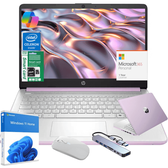 HP 14" Ultra Thin Laptop, Intel Quad-Core Processor, 16GB RAM, 192GB (128GB eMMC+64GB SD Card), Windows 11 Home, 1 Year Microsoft Office 365, Lightweight Notebook for Work or School, Gift Set(Purple)