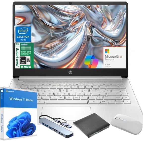HP 14" Ultra Thin Laptop, Intel Quad-Core Processor,16GB RAM, 256GB (128GB eMMC+128GB SD Card), Windows 11 Home, 1 Year Microsoft Office 365, Lightweight Notebook for Work or School, Gift Set(Silver)