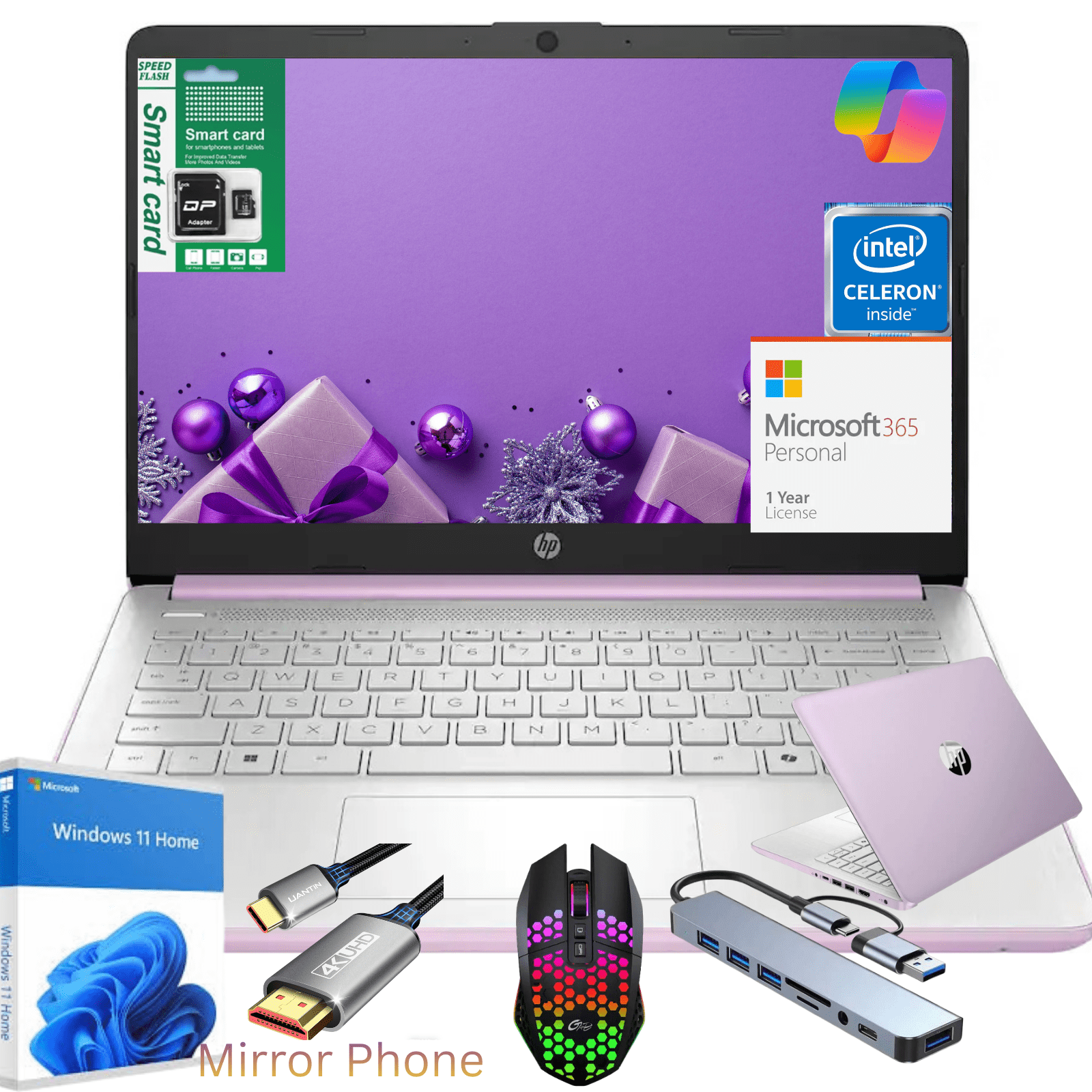 HP 14" Ultra Thin Laptop, Intel Quad-Core Processor,16GB RAM, 256GB (128GB eMMC+128GB SD Card), Windows 11 Home, 1 Year Microsoft Office 365, Lightweight Notebook for Work or School, Gift Set(Purple)